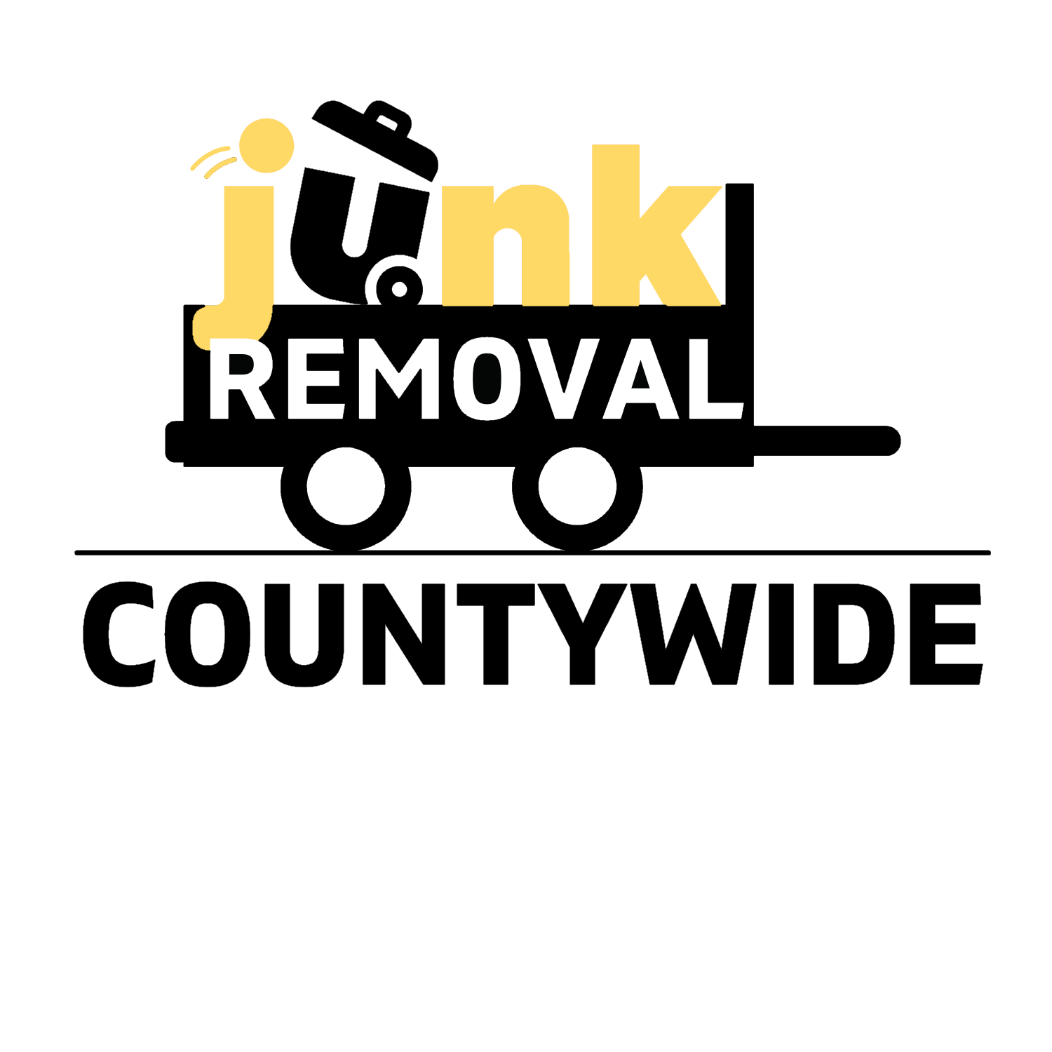 Logo: Black wagon with trash can; 