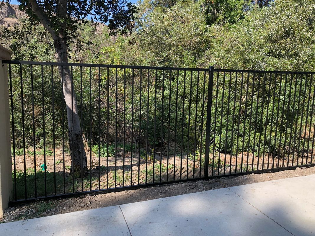 A black metal fence surrounds a lush green field with trees in the background.