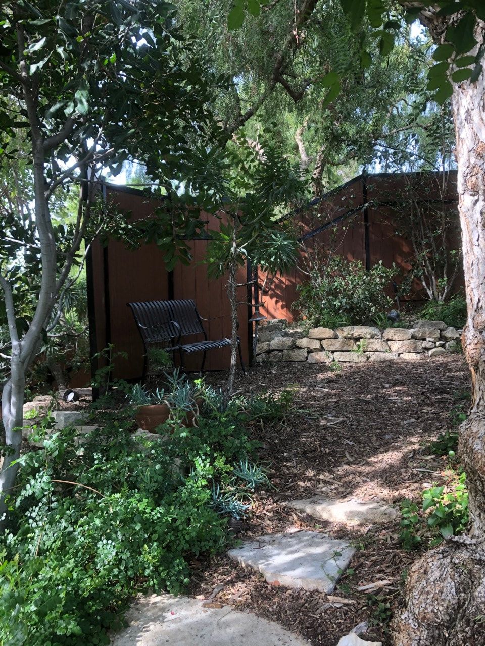 There is a bench in the middle of the garden.