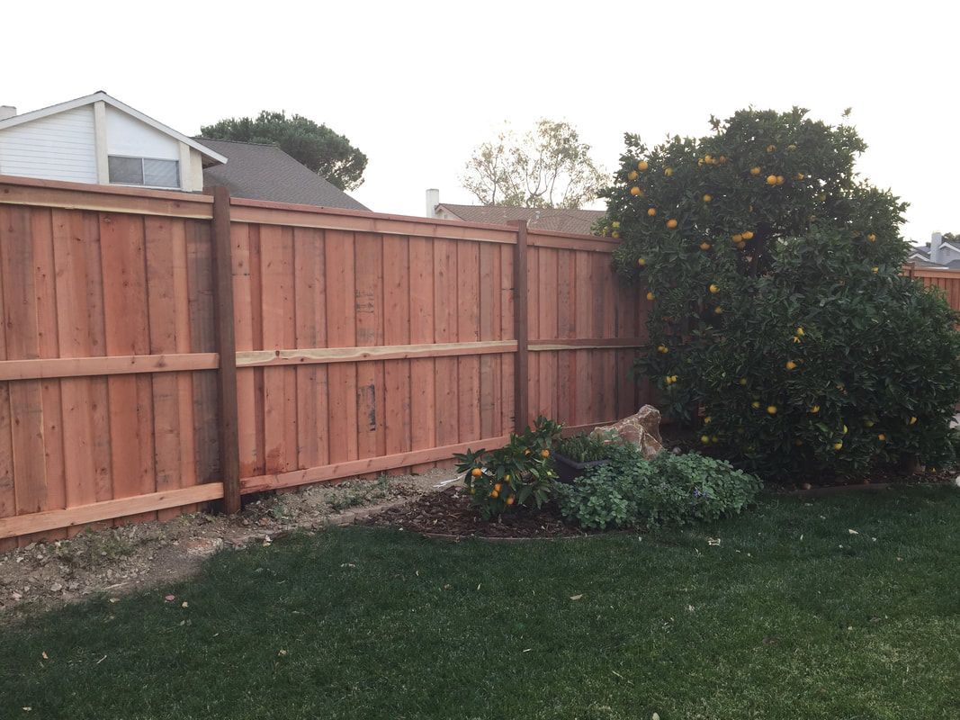 A wooden fence is in the backyard of a house.