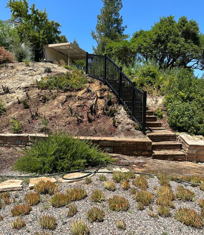 A set of stairs leading up to a house on a hill.