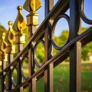 A close up of a wrought iron fence in a park.