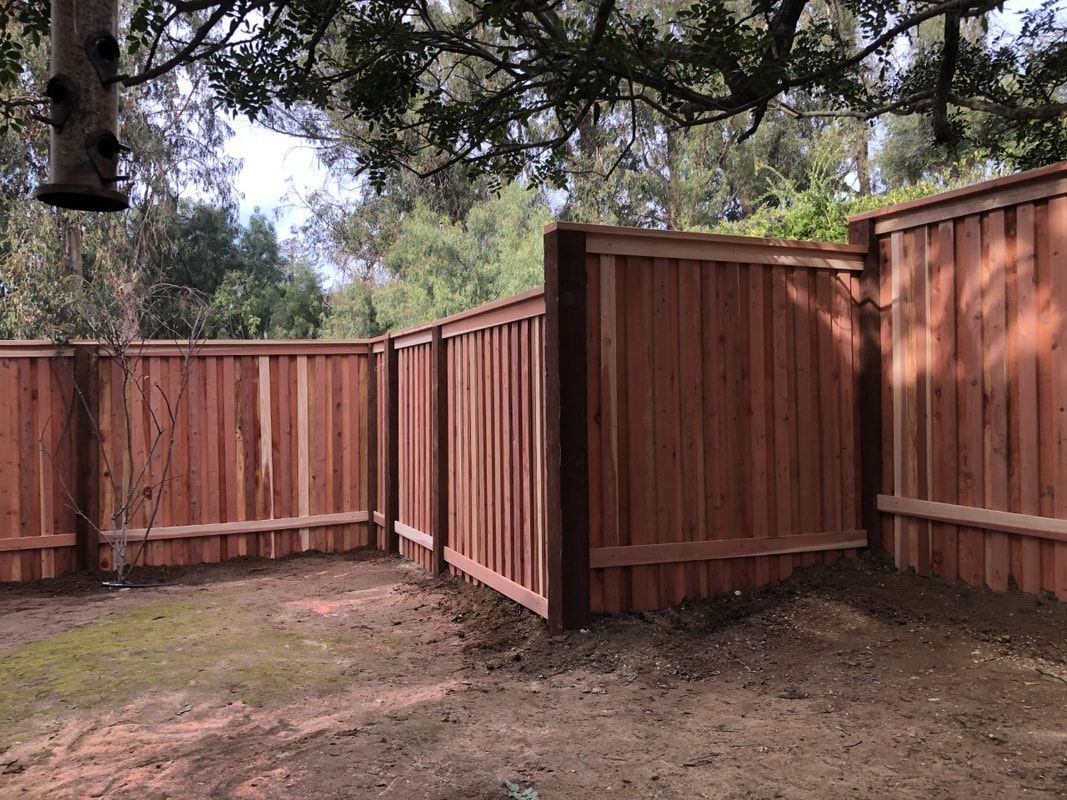 A wooden fence in a backyard with trees in the background.