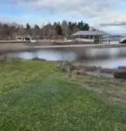 A boat dock with a covered slip extends into a calm lake, viewed from a grassy shore under a cloudy, blue sky.