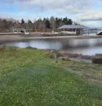 A boat dock with a covered slip extends into a calm lake, viewed from a grassy shore under a cloudy, blue sky.