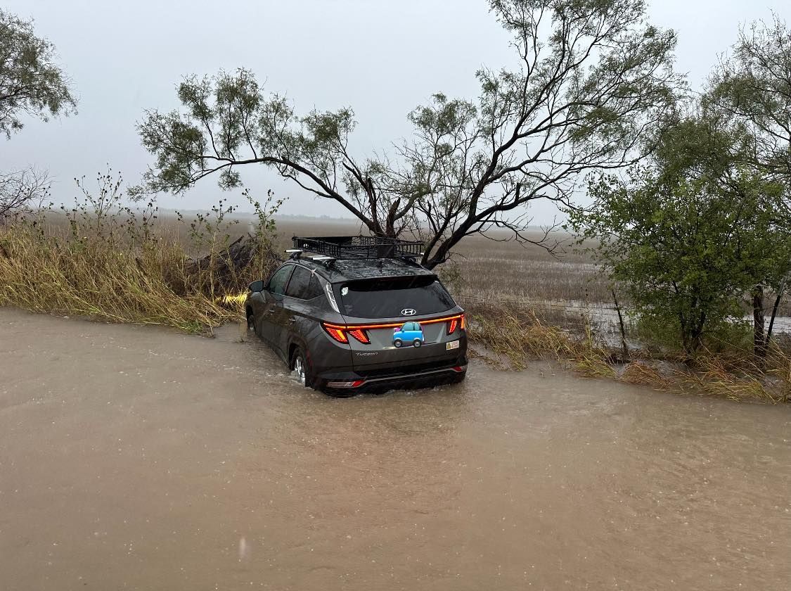 Gray car stuck in floodwater on a muddy road with trees and tall grass on either side.