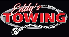 Eddy's Towing logo: red text over a black background, with a chain and hook.