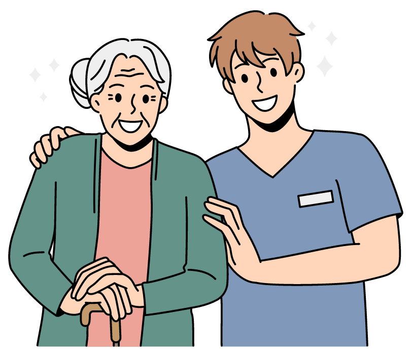 Smiling senior woman with caretaker, both with arms around each other. Light blue background.