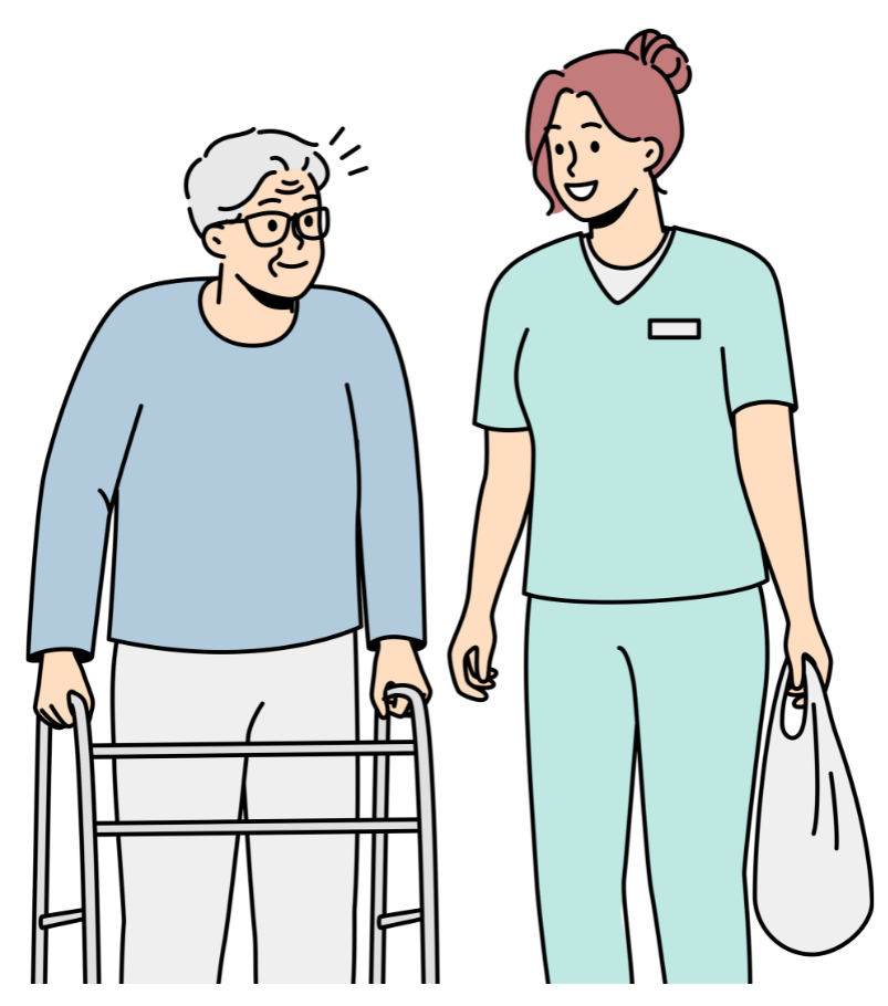 Older man using a walker, smiling, with a woman in scrubs holding a bag, smiling.