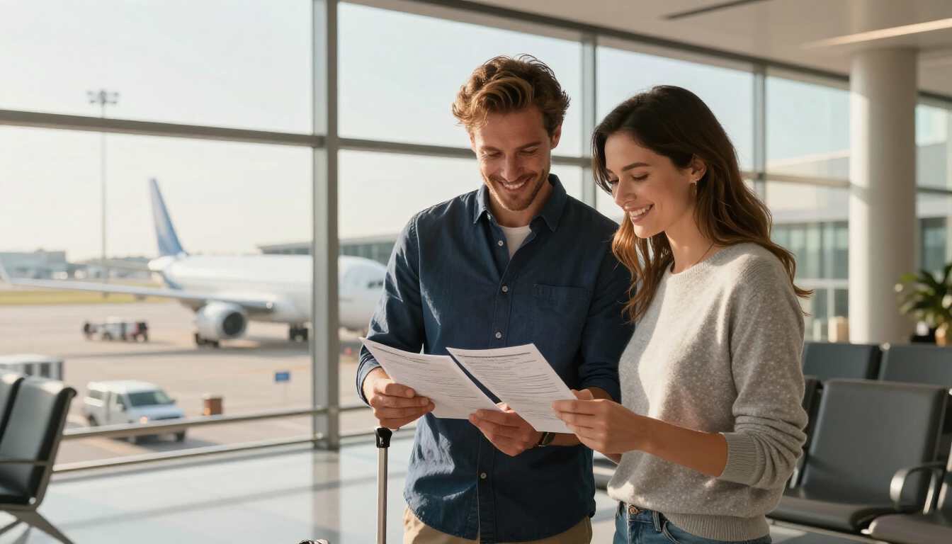 Travelers reviewing travel insurance documents at the airport