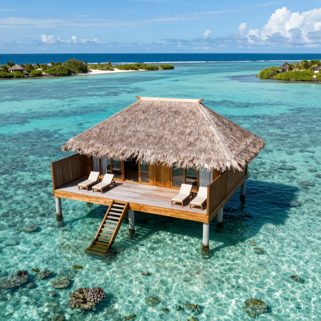 Overwater bungalow with thatched roof and lounge chairs in clear turquoise tropical water