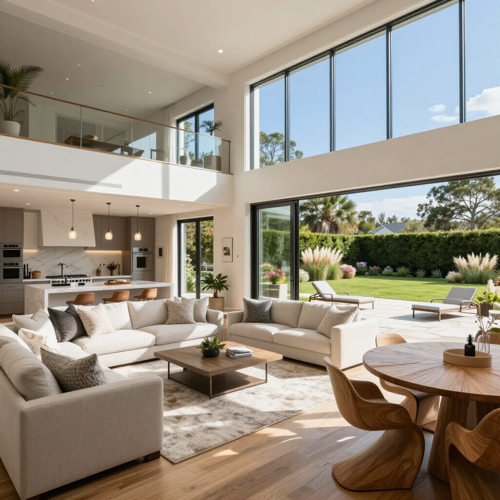 Bright modern living room with large windows, beige sofas, wood table, and views of a green patio and lawn