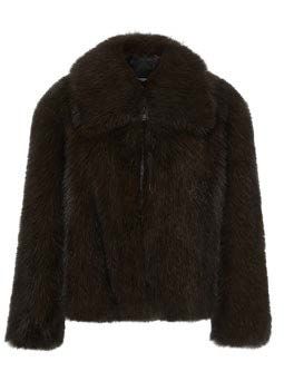 Dunkelbraune Kunstpelzjacke mit breitem Kragen und Reißverschluss.