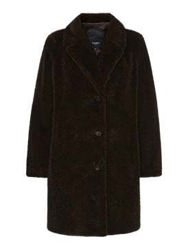 Dunkelbrauner Kunstpelzmantel mit großem Kragen und drei Knöpfen.