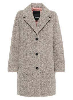 Grauer, strukturierter langer Mantel mit schwarzen Knöpfen.