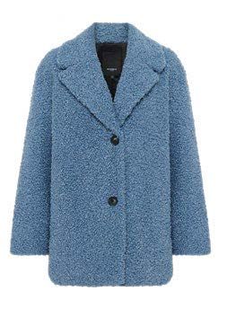 Blauer, strukturierter Mantel mit zwei Knöpfen und Kragen.