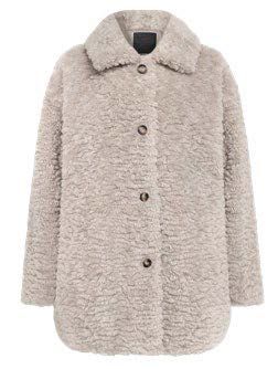 Beigefarbener, lockiger Kunstpelzmantel mit großem Kragen und Knopfverschluss.