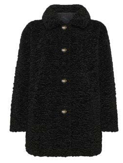 Schwarzer, lockiger Mantel mit Kragen und goldenen Knöpfen.