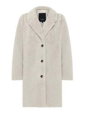 Cremefarbener, langer Mantel aus Kunstfell mit Kragen und drei Knöpfen.