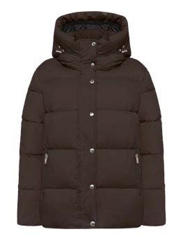 Braune Steppjacke mit Kapuze, silbernen Knöpfen und Reißverschlusstaschen.