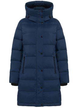 Marineblauer Steppmantel mit hohem Kragen und Kapuze.