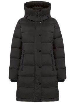 Schwarzer, langer Daunenmantel mit Kapuze und Knopfverschluss.