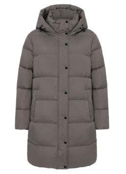 Grauer, mittellanger Steppmantel mit Kapuze und Druckknopfverschluss.