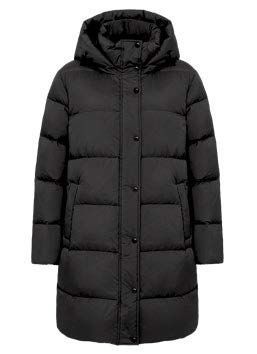 Schwarzer, gefütterter Kapuzenmantel. Durchgeknöpft vorne, reicht bis zu den Knien.