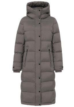 Grauer, bodenlanger Steppmantel mit Kapuze und Druckknöpfen.