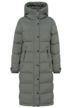 Langer, grüner, mit Daunen gefüllter Steppmantel mit Kapuze und Knopfverschluss, geeignet für kaltes Wetter.