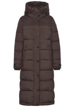 Brauner, bodenlanger Daunenmantel mit Kapuze und Knopfverschluss.