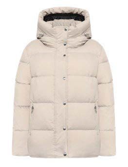 Beige Steppjacke mit Kapuze.