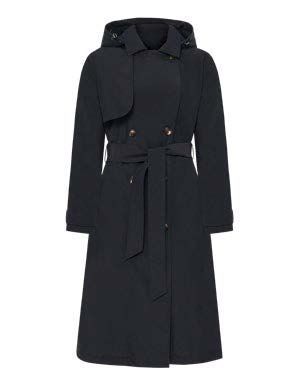 Dunkelblauer Trenchcoat mit Kapuze und Taillengürtel.