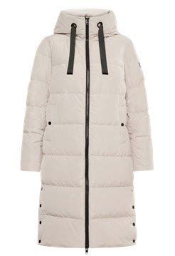 Hellbeige, lange Steppjacke mit schwarzem Reißverschluss und Kapuze.
