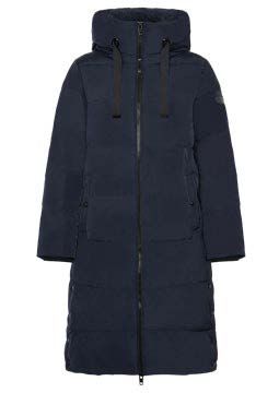 Marineblauer, langer Daunenmantel mit Kapuze und Reißverschluss.