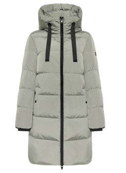 Hellgrauer Steppmantel mit Kapuze und schwarzem Reißverschluss.