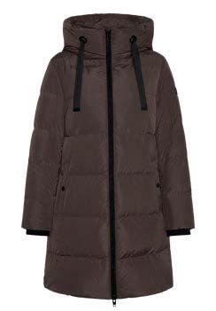 Brauner, mittellanger Steppmantel mit Kapuze und schwarzem Reißverschluss.