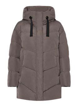 Steppjacke in einem gedeckten Grauton mit Kapuze und schwarzen Kordelzügen.