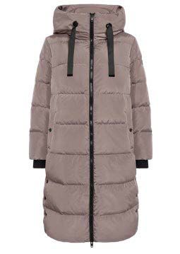 Taupefarbener, langer Daunenmantel mit schwarzem Reißverschluss und Kapuze.