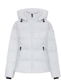 Weiße Steppjacke mit Kapuze, Frontreißverschluss und schwarzen Akzenten.