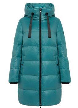 Türkisfarbener Steppmantel mit hohem Kragen, Kapuze und schwarzem Reißverschluss.