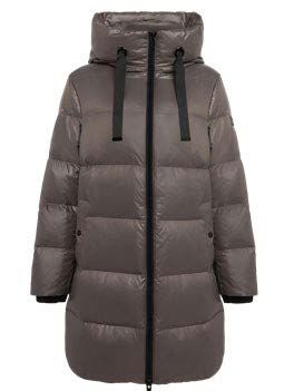 Grauer, glänzender Steppmantel mit Kapuze und schwarzen Akzenten.