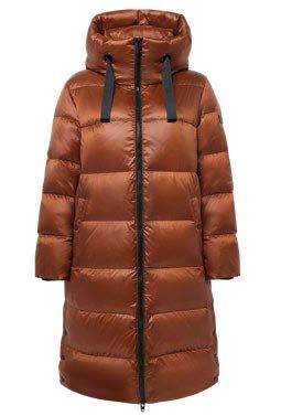 Brauner, langer Daunenmantel mit Kapuze und schwarzem Reißverschluss.