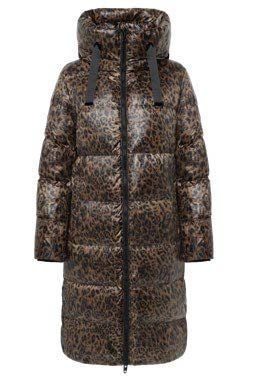 Langer, gesteppter Mantel mit Leopardenmuster, hohem Kragen und schwarzem Reißverschluss.