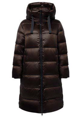 Langer, brauner Daunenmantel mit Kapuze und schwarzem Reißverschluss, zu sehen vor weißem Hintergrund.