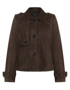 Braune Wildlederjacke mit Kragen, Knopfverschluss und verstellbaren Ärmelbündchen.