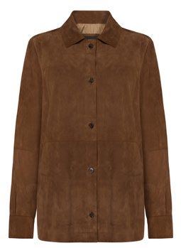 Braune Wildlederjacke mit Kragen und Knopfverschluss.