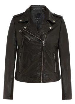 Schwarze Motorradjacke aus Leder mit asymmetrischem Reißverschluss.