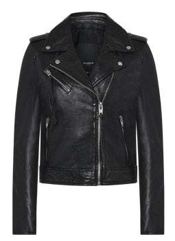 Schwarze Leder-Motorradjacke mit silbernen Reißverschlüssen und Druckknöpfen.