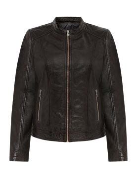 Dunkelbraune Lederjacke mit Reißverschluss vorne und Stehkragen.